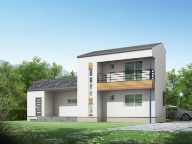 Kırsalda modern bir ev planlandı. İspanyol fayans çatısı. Mimari illüstrasyon. Bir yaz günü etrafımızda ağaçlar ve mavi gökyüzü var..