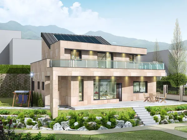 İkinci katında şık bir terası olan modern bir evin mimari tasviri planlandı. Bir yaz günü etrafta ağaçlar, mavi bir gökyüzü, mermer ve sıva tavan üzerinde güneş ışığı ve güzel bir bahçe vardır..