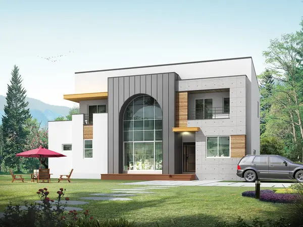 Kırsal alanda modern bir evin mimari tasviri ikinci katta güzel bir terası, oturma odasında güzel bir kemeri, ağaçlar ve mavi gökyüzü ile planlanmış, yaz günü etrafı beton, kırmızı sedir ve çinko panelle kaplanmış..