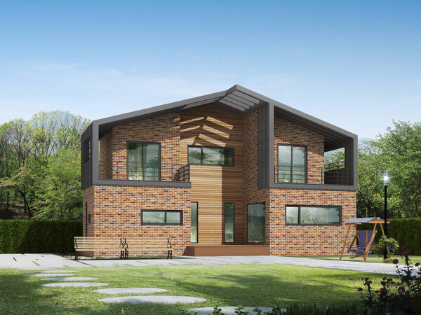 Архитектурная иллюстрация современного дома, спроектированного в сельской местности со стильной террасой на втором этаже с наклонной крышей. Летний день с деревьями и голубым небом поблизости, и кирпичной крышей из цинка.