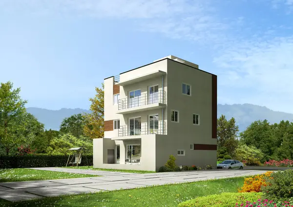 Kırsal kesimde planlanan modern bir evin mimari tasviri. Birden fazla ev için üç katlı güzel bir terası var. Bir yaz günü etrafı ağaçlar ve mavi gökyüzü ile çevrili.