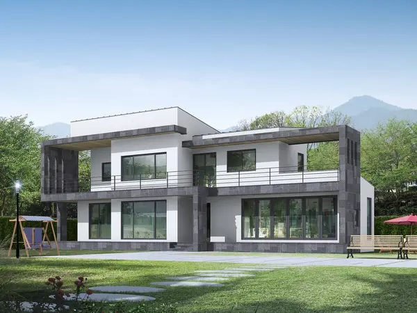 Kırsalda, ağaçlarla ve mavi gökyüzüyle çevrili, bir yaz günü sıva ve mermer kaplamalı, güzel bir terası olan modern bir evin mimari tasviri.