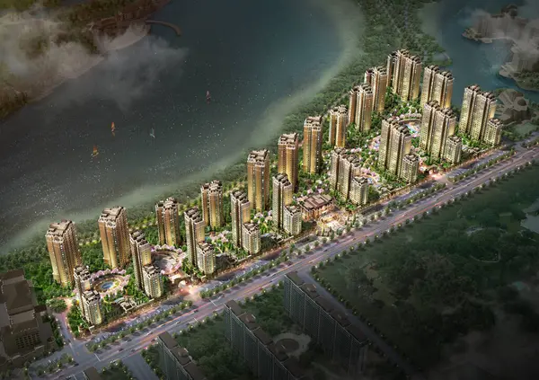 Tayland, Bangkok şehrinin hava manzarası. Nehir kenarında güzel bir bahçesi olan bir apartman ve otel manzarası.