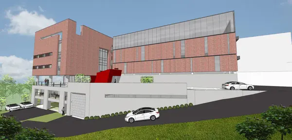 3D çizimli modern bir ev. Tuğla gibi modern bir ofis binasının 3D çizimi