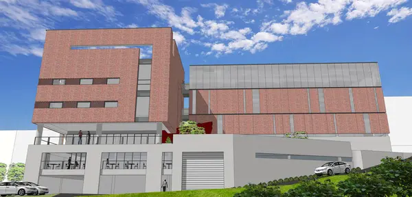 Şehirdeki üç boyutlu bina, tepedeki tuğladan yapılmış modern ofis binasının üç boyutlu perspektifi..