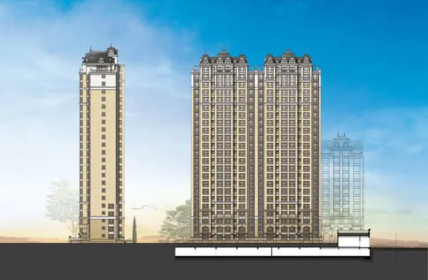 Şehirdeki modern bina, gotik apartman cephesinin 2D mimari çizimi.