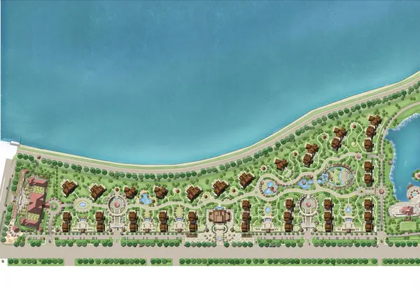 Güzel bahçeli bir otel ve otel kompleksinin mimari tasviri