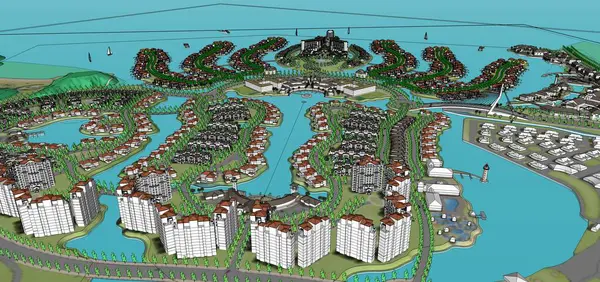 Tayland, Bangkok şehrinin hava manzarası. Rıhtımdaki büyük bir yerleşim alanının 3 boyutlu görüntüsü. .