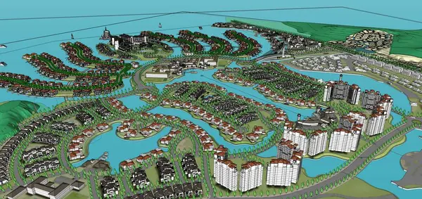 3D model, modern bir şehrin şehri. Rıhtımdaki büyük bir yerleşim alanının 3 boyutlu görüntüsü..