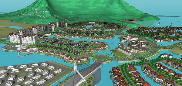 Şehrin nehir ve göl manzaralı 3 boyutlu görüntüsü..