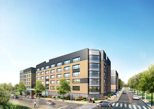 Pencereli modern binanın 3 boyutlu görüntüsü. Şehir sokaklarında modern tasarımı olan büyük bir bina kompleksinin 3 boyutlu perspektif görüntüsü