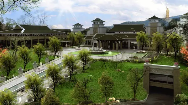 Açık hava manzarası, göldeki büyük bir tatil köyü ve otel kompleksinin 3 boyutlu görüntüsü