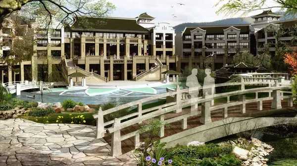 3D bir yüzme havuzu, 3D perspektif görüntüsü göl kenarındaki güzel köprüsü olan büyük bir otel ve dinlenme tesisi.
