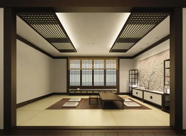 Japon ofisinin 3D görüntüsü, modern bir düğün salonunun iç tasviri..