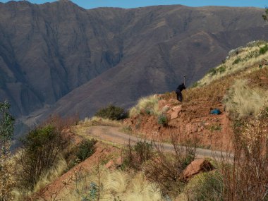 Tarlasında çalışan bir çiftçi. El işi. Dağ Görünümü