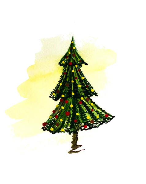Hand drawn watercolor. Christmas tree decorated with balls. Ornament design, stiker.