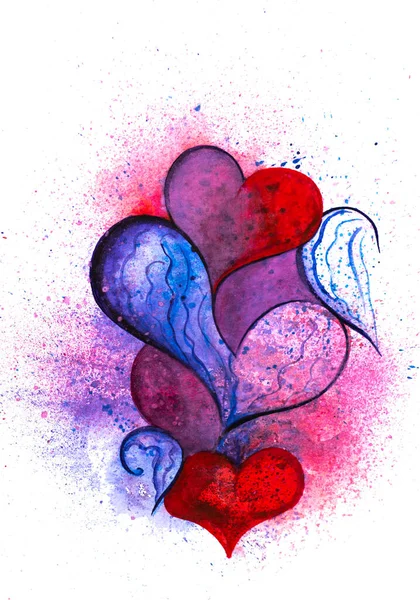 Abstrakcyjna Miłość Zdjęcie Tła Akwarela Wielokolorowe Ręcznie Rysowane Serca Białym — Zdjęcie stockowe