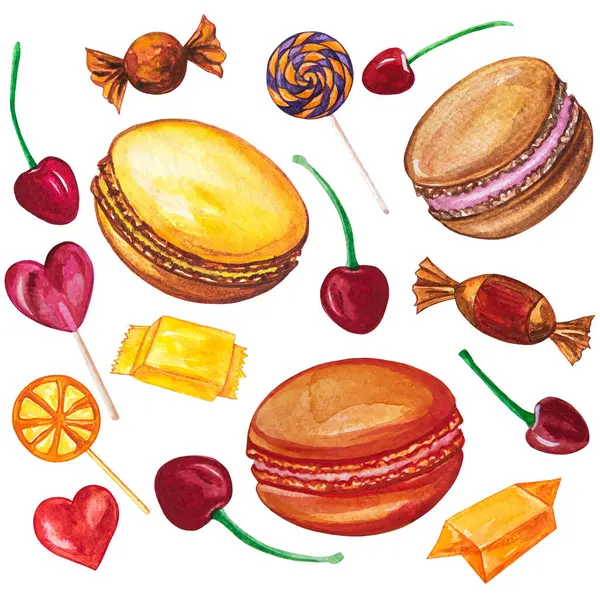 Sweets are drawn colorful illustrations with candies, macaroons, cherries and lollipops on a white background.