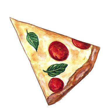 Beyaz manzaralı bir dilim Margherita pizzası. Suluboya çizimi.