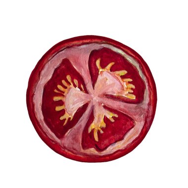 Beyaz arka planda izole edilmiş taze kırmızı domates dilimi. Suluboya çizimi.