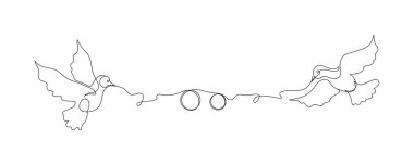 Alyans çizgisi olan kuşlar. İki güvercin ve nişanlı halkaların aralıksız çizimleri.