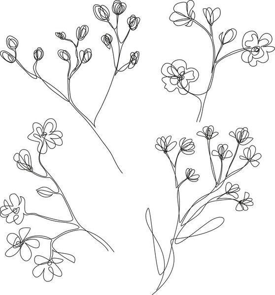 Set of graphic vector plant branches with leaves and flowers. Vector elements for wedding design, logo design, packaging and other ideas.