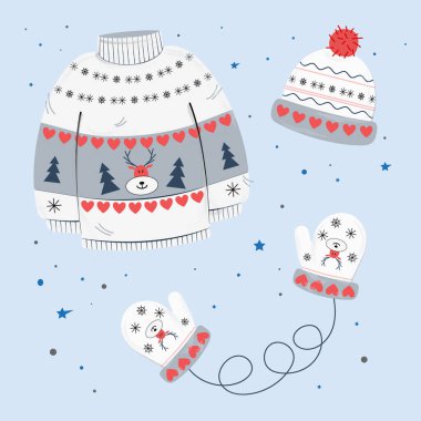 Kışlık kıyafet koleksiyonunun vektör illüstrasyonu. Örgü şapka, eldiven, Noel tarzında süveter arka planda düz çizgi film tarzında izole edilmiş. Süslü geleneksel aksesuarlar. 