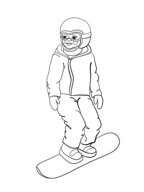 Boyama. Snowboard kullanan mutlu bir çocuğun boyama sayfası. Kış oyunları hakkında çocuk boyama kitabı tasarımı.