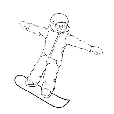 Boyama. Snowboard kullanan mutlu bir çocuğun boyama sayfası. Kış oyunları hakkında çocuk boyama kitabı tasarımı.