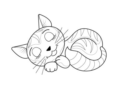 Komik uyuyan sevimli kedi. Siyah ve beyaz doğrusal görüntü. Çizim, bir çizgi film tarzında elle yapılır. Tebrik kartları, boyama sayfaları için kavram.