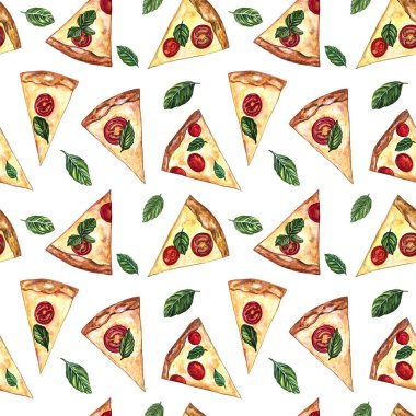 Margherita pizza dilimlerini gösteren kusursuz suluboya desenler. Mutfak tasarımı, menüler, kartlar, ambalajlar, davetiyeler, tebrikler, kapaklar.