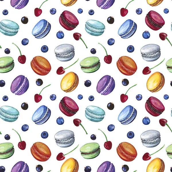 Seamless pattern. Multi-colored macaroon cookies, blueberries, cherries. Watercolor illustration. Texture for wallpaper, kitchen design, background, cards and your creativity.