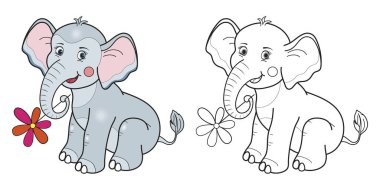 Mutlu fil çizgi filmi çizgileri ve renkleri. Boyama kitabı için çizgi film vektör çizimi
