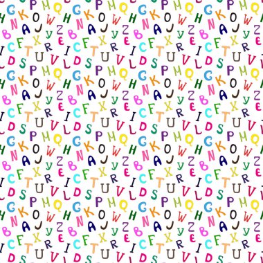 Vector seamless pattern with letters of the alphabet in random order on a white background. Hand drawn illustration. Handwritten latin letters.