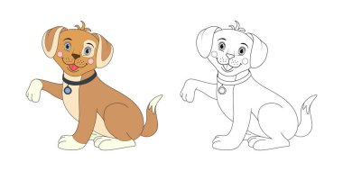 Köpek çizgisi ve renk çizimi. Boyama kitabı için çizgi film vektör çizimi.