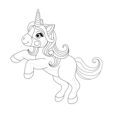 El yapımı tek boynuzlu at beyaz arka planda izole edilmiş. Boyama kitabı veya boyama sayfası için çizgi film vektör çizimi.