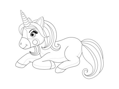 Siyah çizgi şirin tek boynuzlu at. Boyama kitabı veya boyama sayfası için çizgi film vektör çizimi.