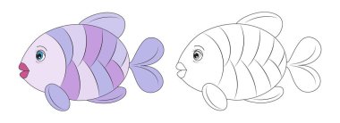 Balık oltası ve renk çizimi. Boyama kitabı için çizgi film vektör çizimi.