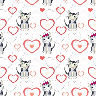 Birbirine aşık bir çift. Kırmızı kalpli sevimli kediler, kusursuz doku kalıpları var..