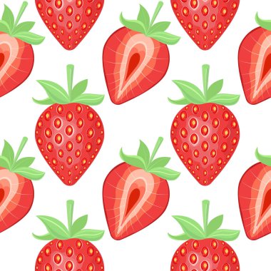Yeşil yapraklı, yarım ve tam çilekli kusursuz desen. Beyaz arkaplanda vektör illüstrasyonu.