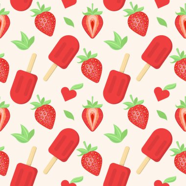 Yeşil yapraklı, pürüzsüz çilek deseni, çubukta çilekli dondurma ve kalpler. Beyaz arkaplanda vektör illüstrasyonu.