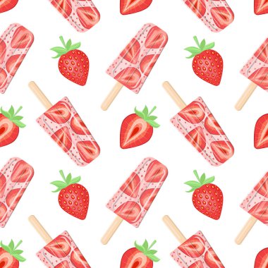 Yeşil yapraklı ve çubukta çilekli çilek desenli dondurma. Beyaz arkaplanda vektör illüstrasyonu.