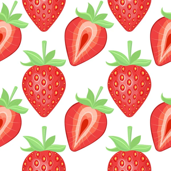 Yeşil yapraklı, yarım ve tam çilekli kusursuz desen. Beyaz arkaplanda vektör illüstrasyonu.