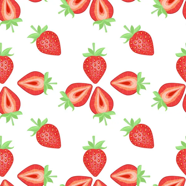 Beyaz arka planda yeşil yapraklı kusursuz çilek deseni. Vektör illüstrasyonu.