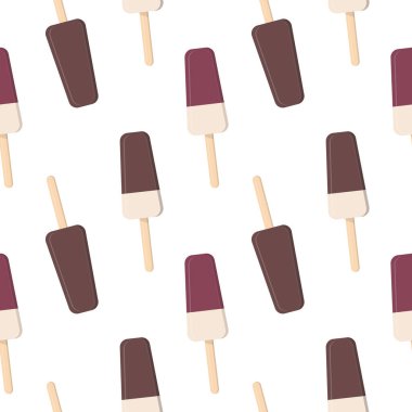 Çubukta meyveli ve çikolatalı dondurma. Düz vektör biçiminde kusursuz desen. 