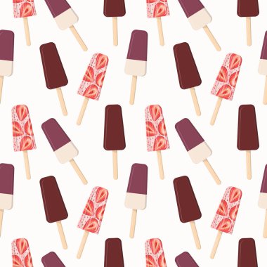 Çubukta çilekli ve çikolatalı dondurma. Düz vektör biçiminde kusursuz desen. 
