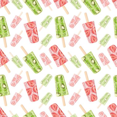 Çubukta meyveli kivi ve çilekli dondurma. Düz vektör biçiminde kusursuz desen. Parlak, yaz sulu arka plan.