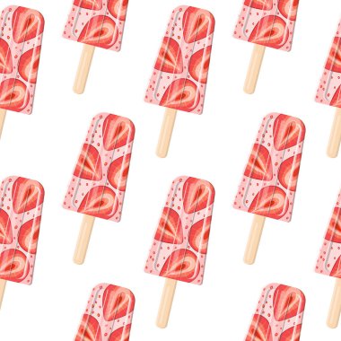 Çubuksuz dilimli çilekli dondurma. Vektör düz stil. Parlak, yaz sulu arka plan.