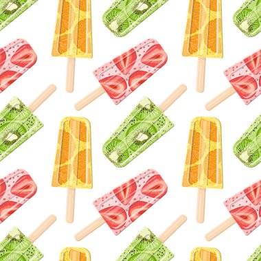 Çubukta meyveli dondurma. Portakal, kivi ve çilek. Düz vektör biçiminde kusursuz desen. Parlak, yaz sulu arka plan.