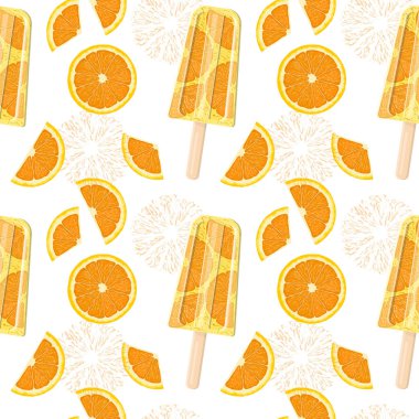 Çubukta portakallı dondurma ve bir dilim portakal. Düz vektör biçiminde kusursuz desen. Parlak, yaz sulu arka plan.